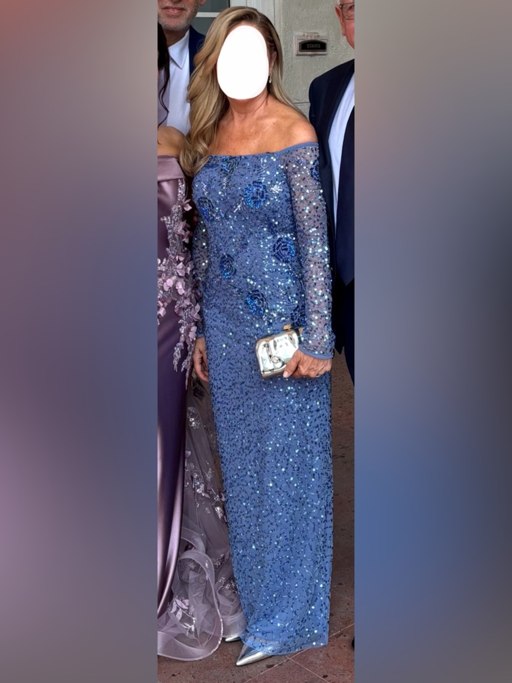 Adrianna Papell Blue Sequin Off-Shoulder Long Sleeve Gown